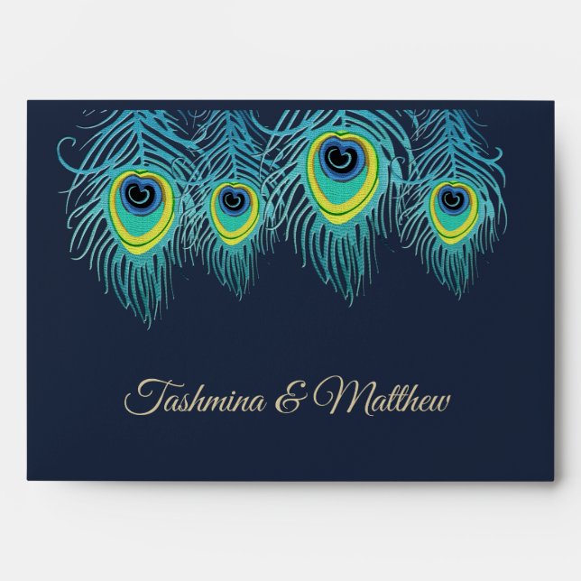 Peacock Feather Navu Blue Gold Wedding Envelopes (Front)