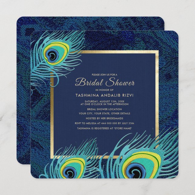 Peacock Feather Navy Blue Gold Bridal Shower Invitation (Front/Back)