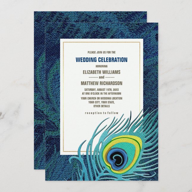 Peacock Feather Navy Blue Gold Wedding  Invitation (Front/Back)
