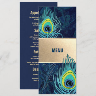 Peacock Feather Navy Blue Gold Wedding Menu Card