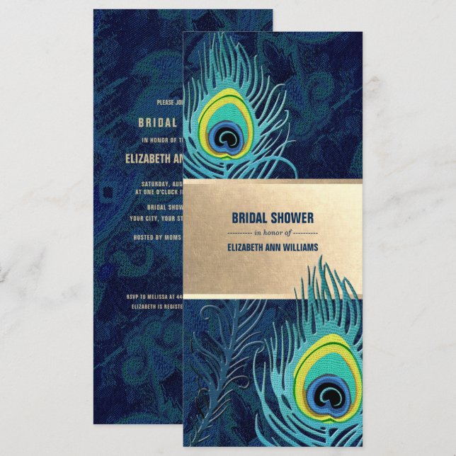Peacock Feather Navy Blue Turquoise Bridal Shower  Invitation (Front/Back)