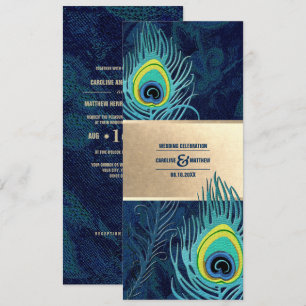 Peacock Feather Navy Blue Turquoise Gold Wedding Invitation