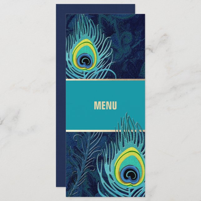 Peacock Feather Navy Blue Wedding Menu Cards (Front/Back)
