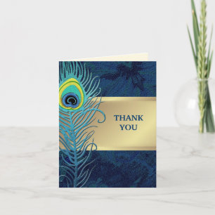 Peacock Feather Navy Blue Wedding Thank You Card