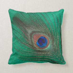 Peacock Feather on Green Throw Pillow