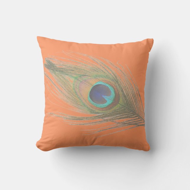 Peacock Feather on Orange Throw Pillow (Front)