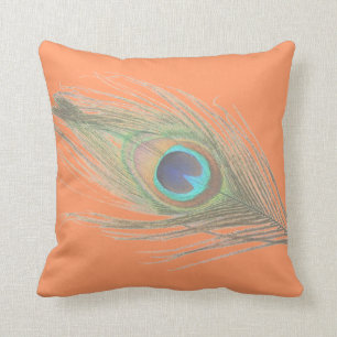 Peacock Feather on Orange Throw Pillow