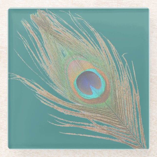 Peacock Feather on Teal Glass Coaster (Front)