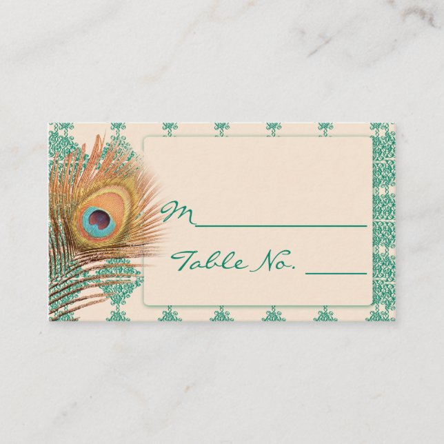 Peacock Feather on Teal Moroccan Tile Place Card (Front)