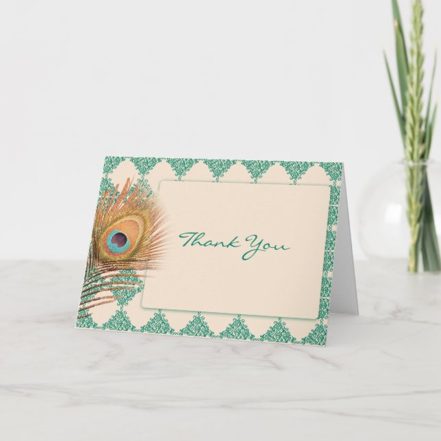 Peacock Feather on Teal Moroccan Tile Thank You Card (Front)
