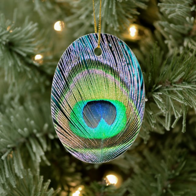 Peacock Feather on Turquoise Ceramic Ornament (Tree)