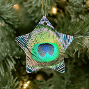 Peacock Feather on Turquoise Ceramic Ornament