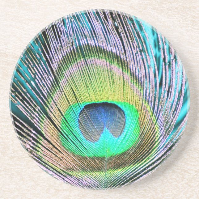 Peacock Feather on Turquoise Coaster (Front)