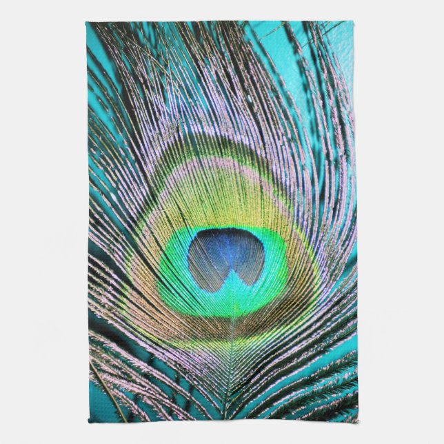 Peacock Feather on Turquoise Kitchen Towel (Vertical)