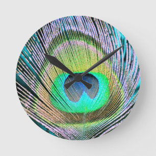 Peacock Feather on Turquoise Round Clock