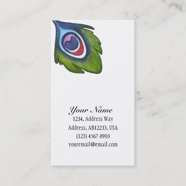 Peacock feather on white business card (Front)