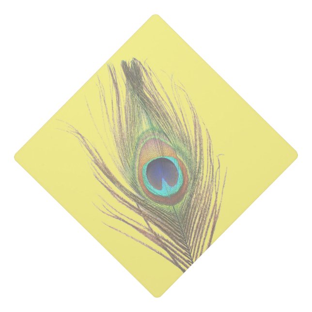 Peacock Feather on Yellow Graduation Cap Topper (Front)