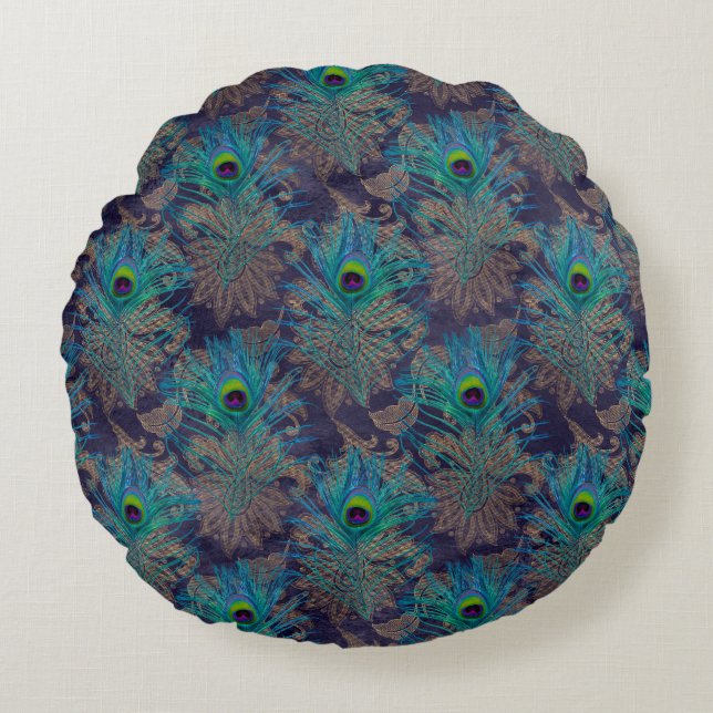 Peacock feather paisley purple teal gold boho thro round pillow (Front)