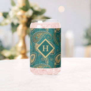 Peacock Feather Paisley Teal Gold Vintage Initial Can Glass