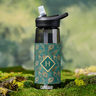 Peacock Feather Paisley Teal Gold Vintage Initial Water Bottle