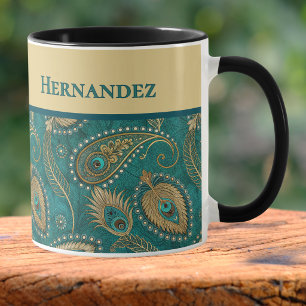Peacock Feather Paisley Teal Gold Vintage Name Mug