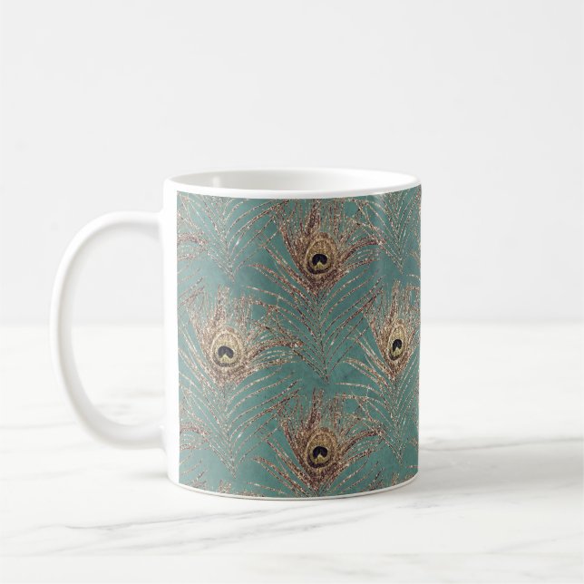 Peacock feather pattern glitter teal gold elegant coffee mug (Left)