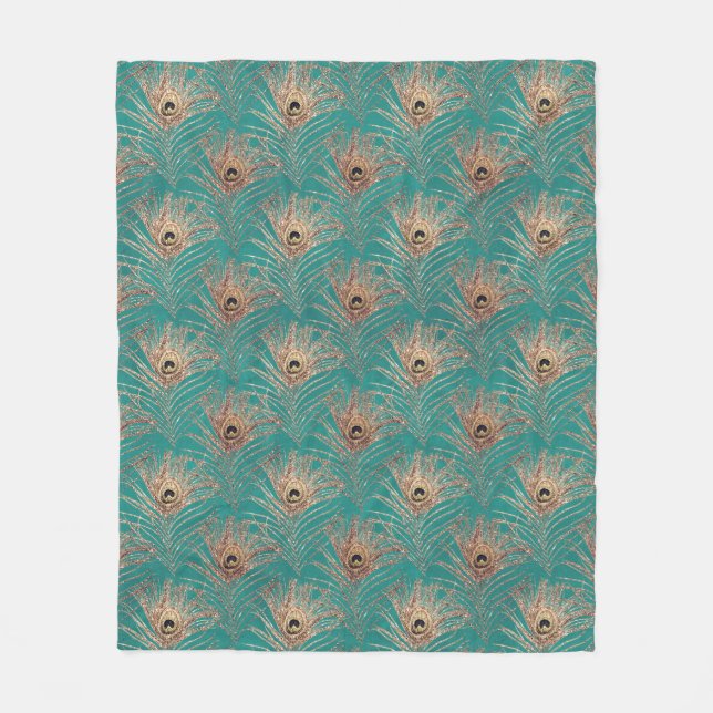 Peacock feather pattern glitter teal gold elegant fleece blanket (Front)