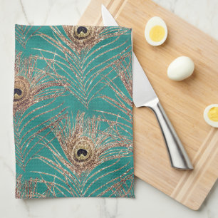 Peacock feather pattern glitter teal gold elegant kitchen towel