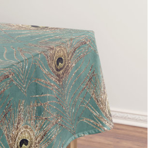 Peacock feather pattern glitter teal gold elegant tablecloth