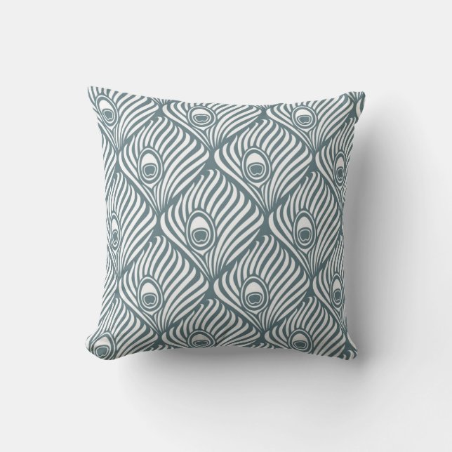 Peacock Feather Pattern in Blue Grey and White Throw Pillow (Front)