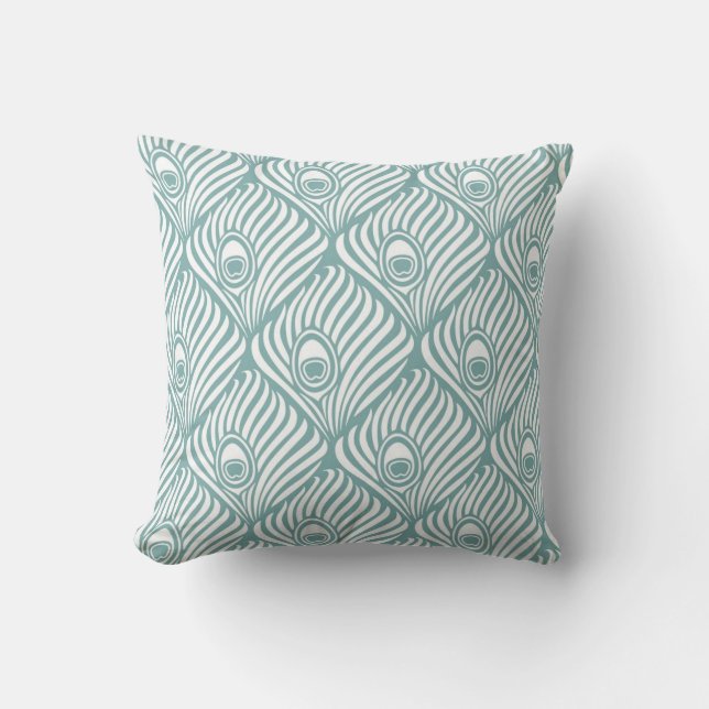 Peacock Feather Pattern in Sea Glass and White Throw Pillow (Front)