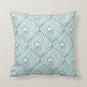 Peacock Feather Pattern in Sea Glass and White Throw Pillow