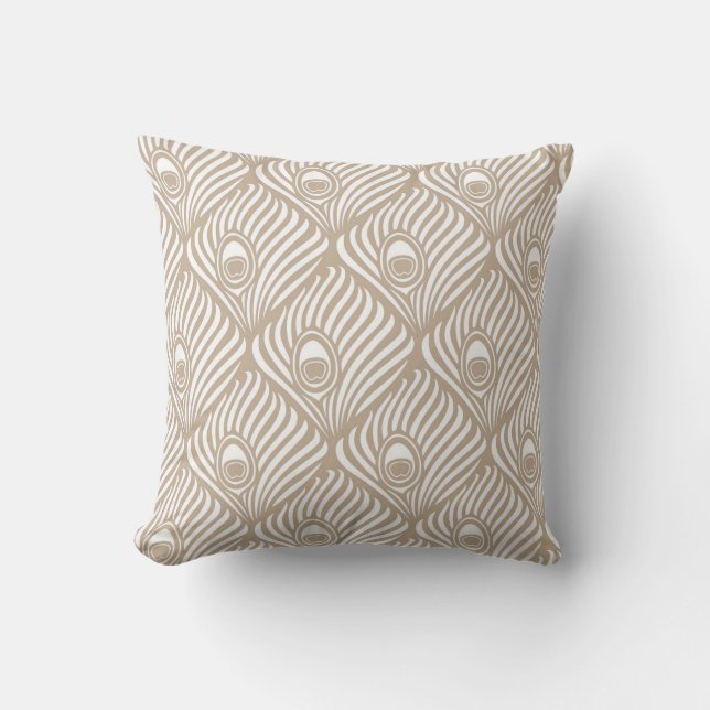 Peacock Feather Pattern in Tan and White Throw Pillow (Front)