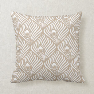 Peacock Feather Pattern in Tan and White Throw Pillow