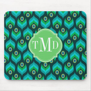 Peacock Feather Pattern Monogram Personalized Mouse Pad