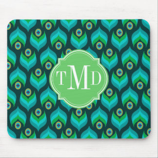 Peacock Feather Pattern Monogram Personalized Mouse Pad