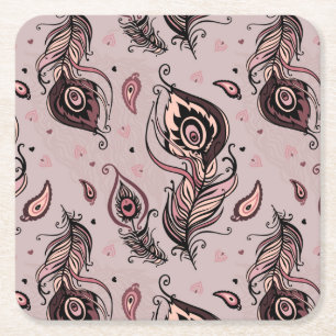 Peacock feather pattern square paper coaster