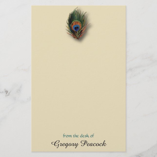 Peacock Feather Personalized Monogram Stationery (Front)