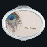 Peacock Feather Personalized Travel Mirror<br><div class="desc">On the front of this compact mirror, a pretty blue, tan, and green peacock feather swirls around the top left corner, and your custom text is in brown at the bottom right. The images and text are placed on a distressed light grey tan background which complements the colours in the...</div>