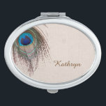 Peacock Feather Personalized Travel Mirror<br><div class="desc">On the front of this compact mirror, a pretty blue, tan, and green peacock feather swirls around the top left corner, and your custom text is in brown at the bottom right. The images and text are placed on a distressed light grey tan background which complements the colours in the...</div>