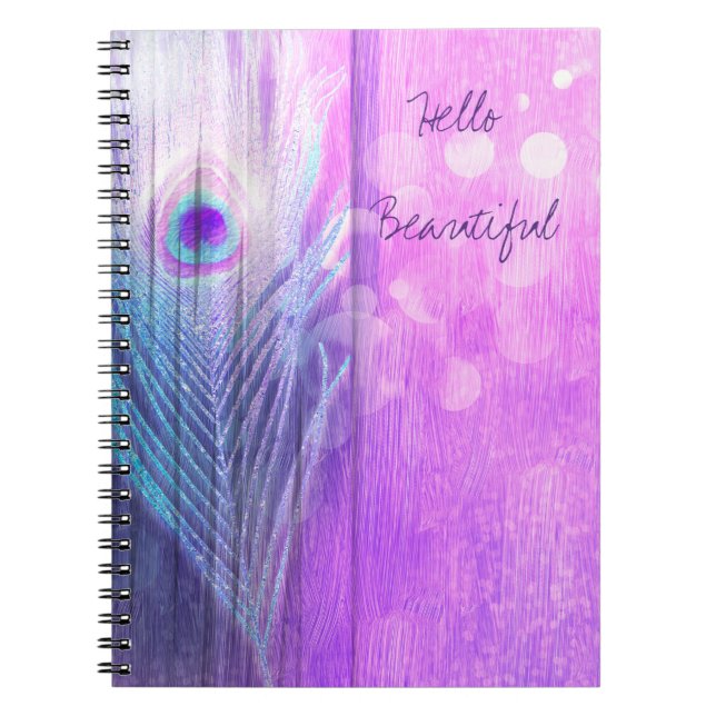 Peacock Feather Pink & Blue Boho Chic Glam Custom Notebook (Front)