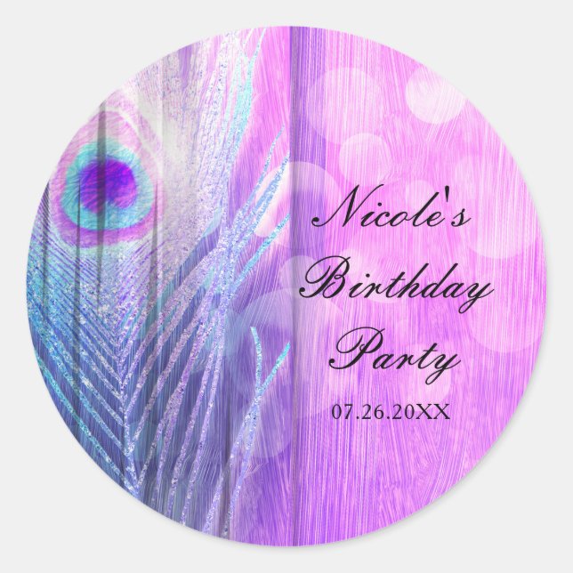 Peacock Feather Pink & Blue Boho Party Favour Classic Round Sticker (Front)