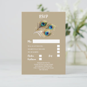 Peacock feather plume gold blue simple minimalist RSVP card