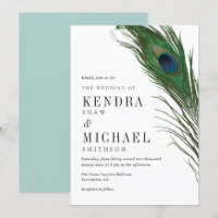 Peacock Feather Poise Green Back Wedding Invite