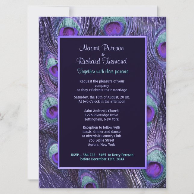 Peacock Feather Purple 6.5" x 8 Wedding Invitation (Front)