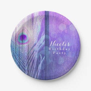 Peacock Feather Purple Glam Boho Chic Custom Party Paper Plate