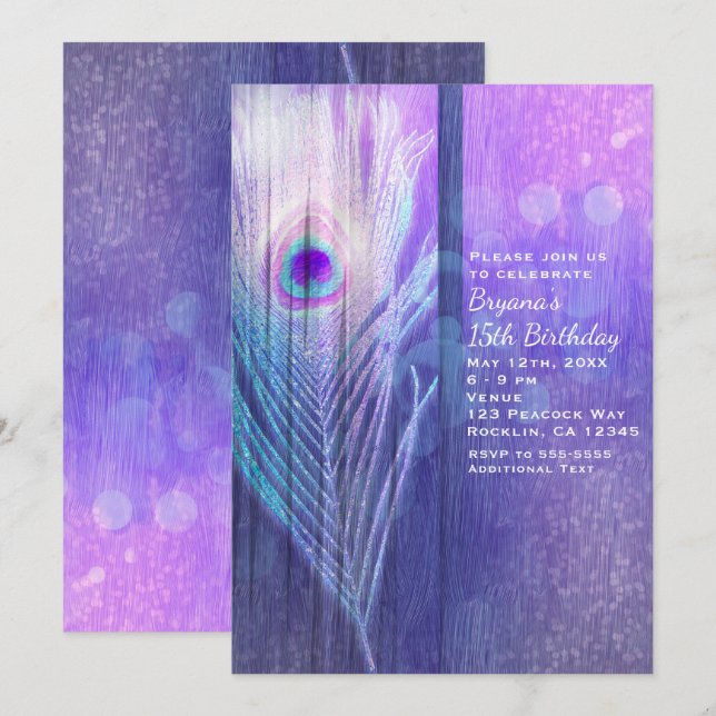 Peacock Feather Purple Glam Boho Party Invitations (Front/Back)