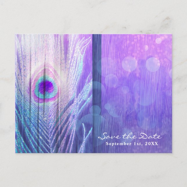 Peacock Feather Purple Glam Boho Save the Date Announcement Postcard (Front)