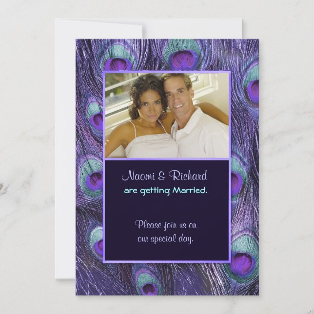 Peacock Feather Purple - Photo Wedding Invitation (Front)