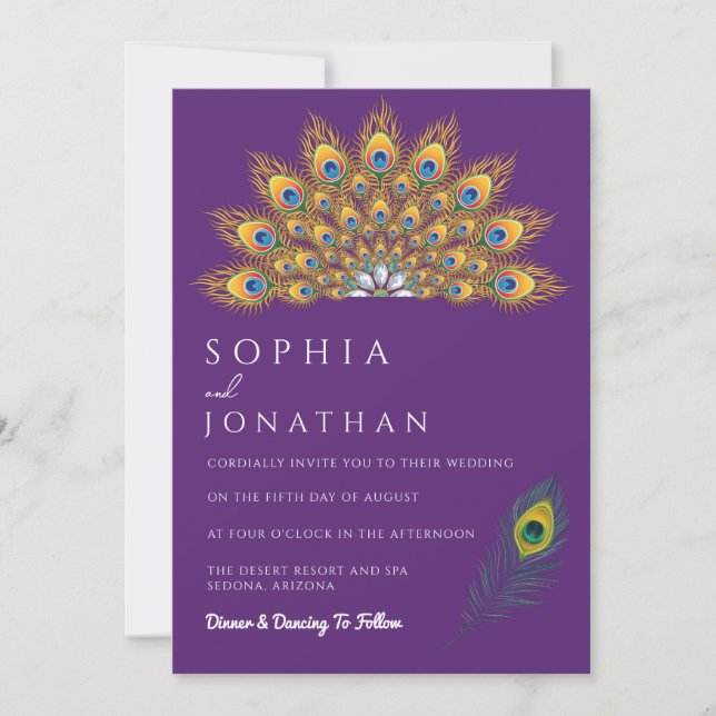 Peacock Feather Purple Wedding Modern Chic Invitation (Front)